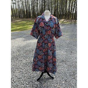 Vintage dress floral blue red gray medium